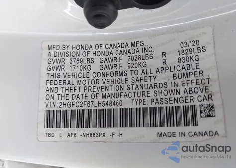 2020 Honda Civic Lx из США, поврежденный, VIN 2HGFC2F67LH548460